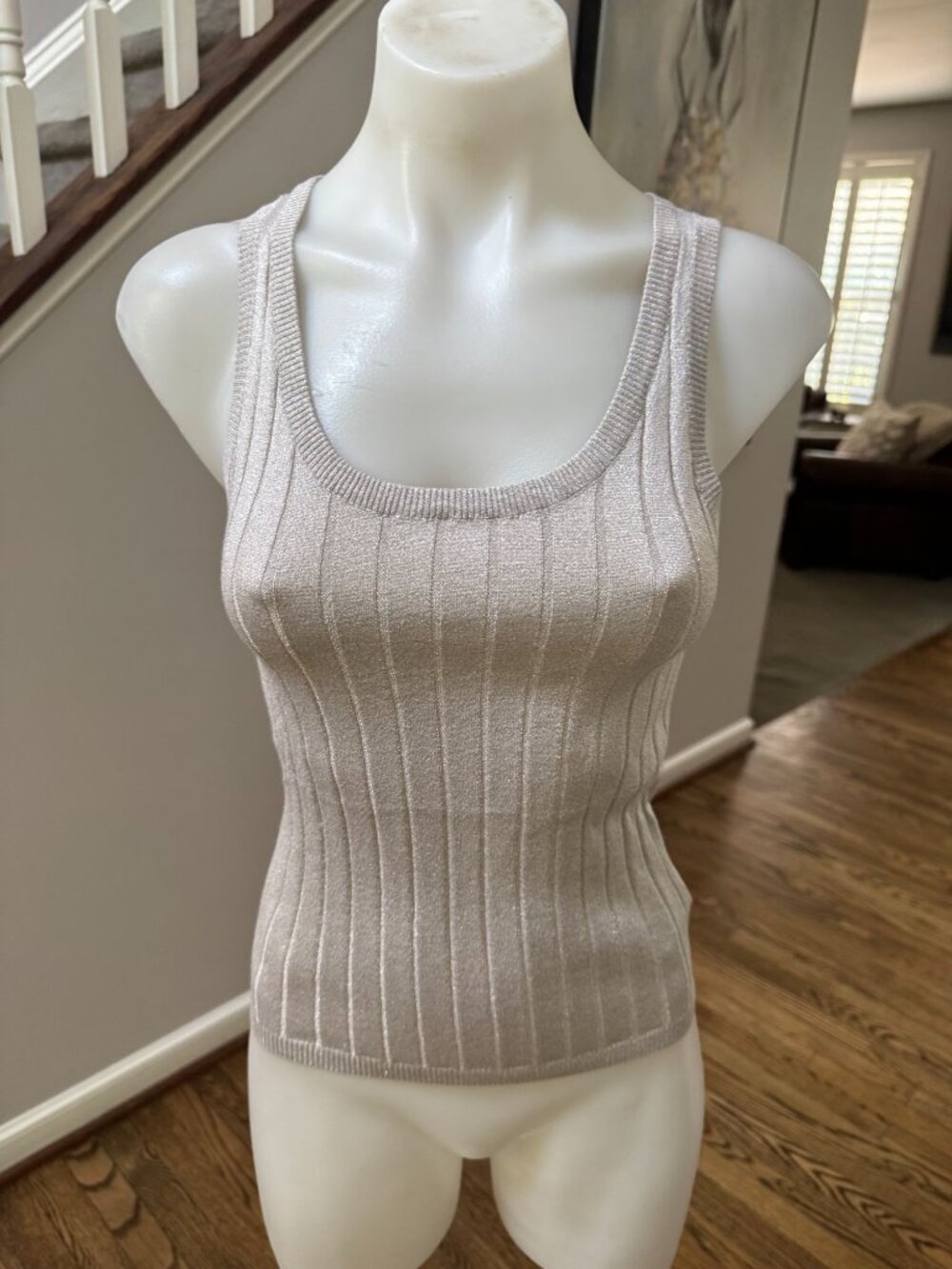 BRUNELLO CUCINELLI Silk Lurex Metallic Grey Wide Rib Scoop Neck Tank Top XS - Picture 2 of 4